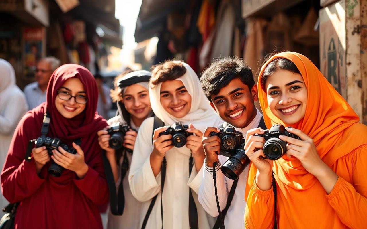 مجموعة طلاب عرب يحضرون رحلة تصوير ميدانية